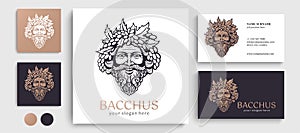 Logo Bacchus or Dionysus. Man face logo with grape berries and leaves. A style for winemakers or brewers. Sign for bar and