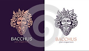 Logo Bacchus or Dionysus. Man face logo with grape berries and leaves. A style for winemakers or brewers. Sign for bar and