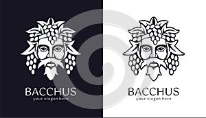 Logo Bacchus or Dionysus. Man face logo with grape berries and leaves. A style for winemakers or brewers. Sign for bar and