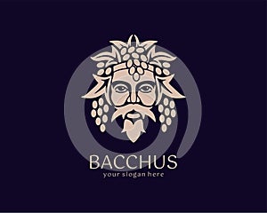 Logo Bacchus or Dionysus. Man face logo with grape berries and leaves. A style for winemakers or brewers. Sign for bar and