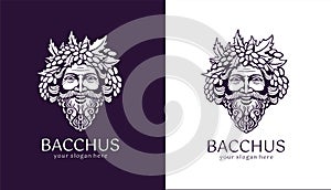 Logo Bacchus or Dionysus. Man face logo with grape berries and leaves. A style for winemakers or brewers. Sign for bar and