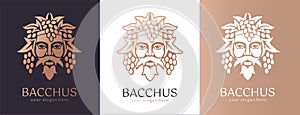 Logo Bacchus or Dionysus. Man face logo with grape berries and leaves. A style for winemakers or brewers. Sign for bar and