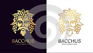 Logo Bacchus or Dionysus. Man face logo with grape berries and leaves. A style for winemakers or brewers. Sign for bar and