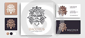 Logo Bacchus or Dionysus. Man face logo with grape berries and leaves. A style for winemakers or brewers. Sign for bar and