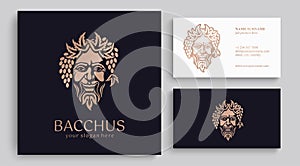 Logo Bacchus or Dionysus. Man face logo with grape berries and leaves. A style for winemakers or brewers. Sign for bar and