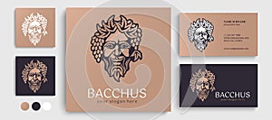 Logo Bacchus or Dionysus. Man face logo with grape berries and leaves. A style for winemakers or brewers. Sign for bar and