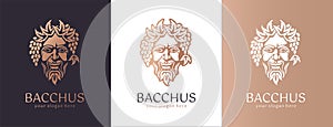 Logo Bacchus or Dionysus. Man face logo with grape berries and leaves. A style for winemakers or brewers. Sign for bar and