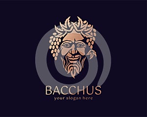 Logo Bacchus or Dionysus. Man face logo with grape berries and leaves. A style for winemakers or brewers. Sign for bar and