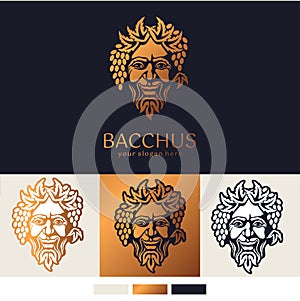 Logo Bacchus or Dionysus. Man face logo with grape berries and leaves. A style for winemakers or brewers. Sign for bar and