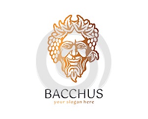 Logo Bacchus or Dionysus. Man face logo with grape berries and leaves. A style for winemakers or brewers. Sign for bar and