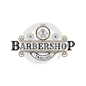 Retro Vintage Style for Barber Shop Logo Design. With scissors icons in gold, black and white colors