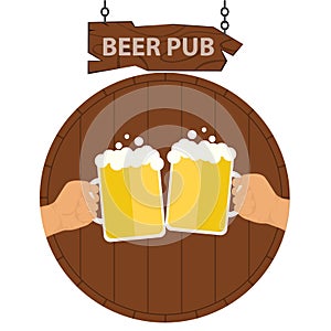 Logo of a beer pub, a banner of a beer pub. Two hands with beer mugs on the background of a keg of beer.