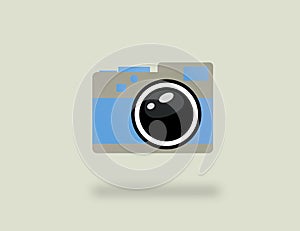 Black and blue camera logo on gray background