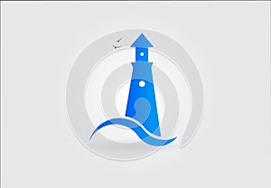 Logo blue lighthouse sea waves and birds