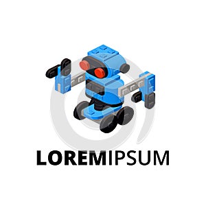 Logo with a blue robot assembled from plastic blocks in isometric style for printing and decoration. Vector illustration