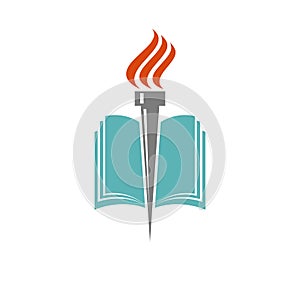 Book and torch, education or library logo, university icon