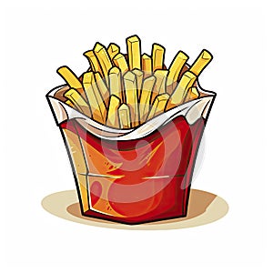 Logo Brand french fries in red paper bag design fast food mascot template, icon, cartoon style, on white background.