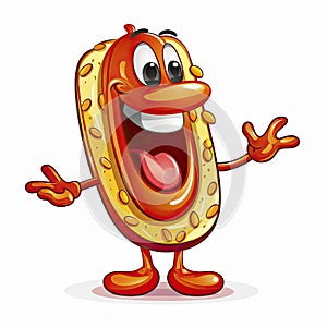 Logo Brand hotdog design fast food mascot template, icon, cartoon style, on white background. Smiling hotdog with sausage
