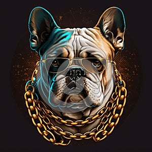 logo bulldog vector art gold chain artic wearing glasses on black background generative AI