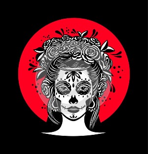Logo in Calavera style. Dia de los muertos, Day of the dead is a Mexican holiday. Girl with flowers in her hair and Woman with
