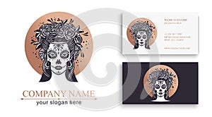 Logo in Calavera style. Dia de los muertos, Day of the dead is a Mexican holiday. Girl with flowers in her hair and Woman with