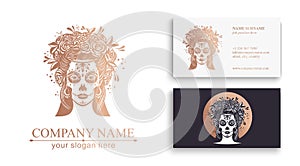 Logo in Calavera style. Dia de los muertos, Day of the dead is a Mexican holiday. Girl with flowers in her hair and Woman with