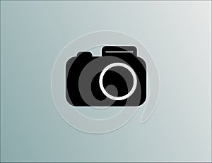 Black camera logo on blue background