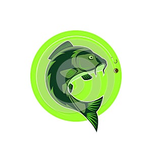 Logo carp fishing green round emblem, fish icon fishing line with hook and boilie bait photo