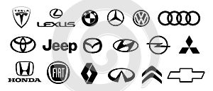 Logo of cars brand set: Tesla, lexus, volkswagen, bmw, mercedes, audi, jeep, fiat, honda... Black logo of popular brands of cars