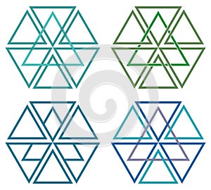 Original geometric logo. Triangles are taken as a basis. Four options. Can be used as icons, avatars, badges, etc. Vector.