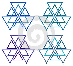 Unique geometric logo. Triangles are taken as a basis. Four options. Can be used as icons, avatars, badges, etc. Vector.