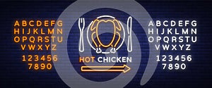 Logo Chicken Barbecue is a neon-style logo for a food store and a restaurant. Neon sign, night bright advertising