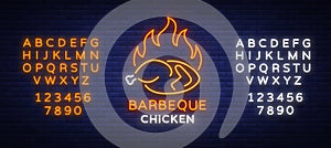 Logo Chicken Barbecue is a neon-style logo for a food store and a restaurant. Neon sign, night bright advertising