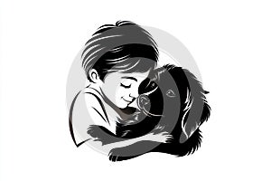 Logo child hugs dog. Boy with puppy. Love and protection of animals. Pets. Black and white image photo