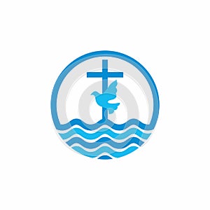 Logo church. Christian symbols. Cross and dove, waves. Jesus - the source of living water
