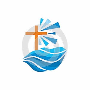 Logo church. Christian symbols. Waves, cross, streams of water alive, lighthouse