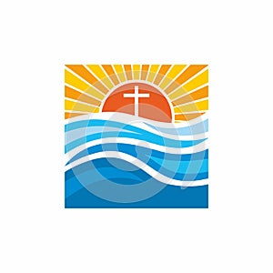 Logo church. Christian symbols. Waves, cross, sun, streams of water alive