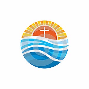 Logo church. Christian symbols. Waves, cross, sun, streams of water alive photo