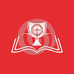Logo of the church and ministry. An open bible, a bowl of the Lord, the cross of Jesus Christ and a crown of thorns.