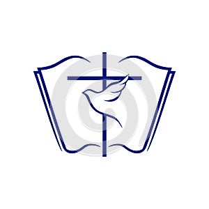 Logo of the church and ministry. The open bible, the cross of Jesus Christ and the dove are a symbol of the Holy Spirit