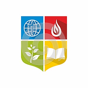 Logo of the church and ministry. An open bible and a sprout of faith, a globe and the flame of the Holy Spirit