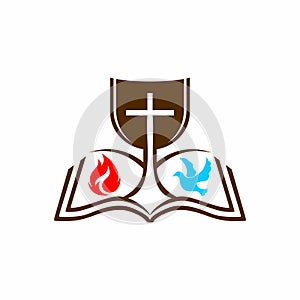 Logo of the church. The open bible, the cup of Christ, the fire and the dove