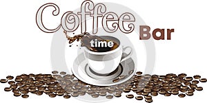 The logo of the coffee shop. Realistic vector set of elements - background of coffee beans, coffee Cup, coffee splash