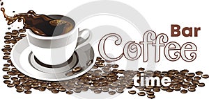 The logo of the coffee shop. Realistic vector set of elements - background of coffee beans, coffee Cup, coffee splash