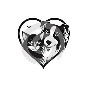 Logo concept black, heart and image of dog and cat white isolated background. Heart as a symbol of affection and