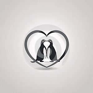 Logo concept black heart with two kissing penguins. Heart as a symbol of affection and love