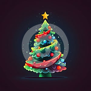 Logo concept: a Christmas tree with a star, chains, baubles on a solid background. Xmas tree as a symbol of Christmas of the birth