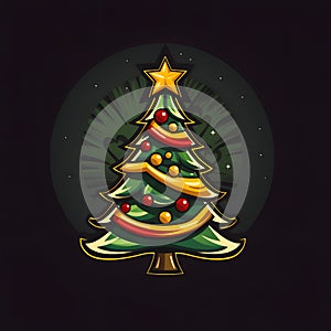 Logo concept: a Christmas tree with a star, chains, baubles on a solid background. Xmas tree as a symbol of Christmas of the birth