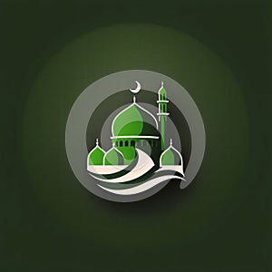 Logo concept green mosque tower with wave on green background. Mosque as a place of prayer for Muslims