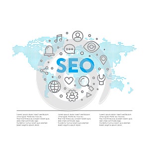 Logo Concept of SEO Search Engine Optimization Process with Worldwide Global Map Element